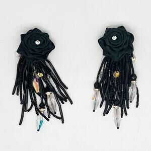 Vintage Black Satin Flower Beaded Dangle Earrings Clip On Style